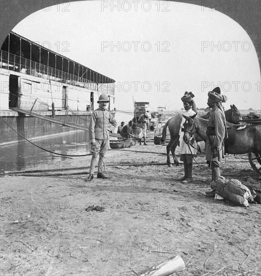 English officer and native soldiers, Bhamo, Burma, 1908. Artist: Stereo Travel Co