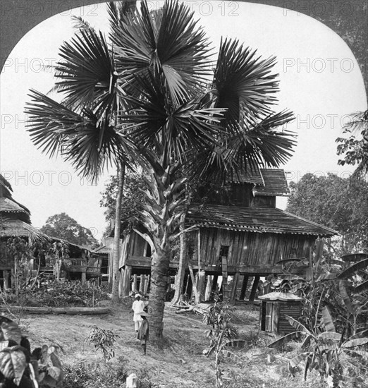 Native house built on piles, Bhamo, Burma, 1908. Artist: Stereo Travel Co