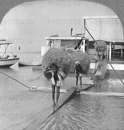 Unloading a vessel on the Irrawaddy River, Burma, 1908. Artist: Stereo Travel Co