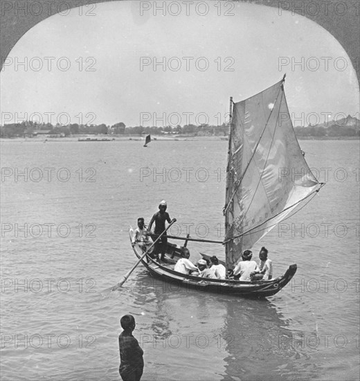 A sailing boat on the Irawaddy River, Burma, 1908. Artist: Stereo Travel Co