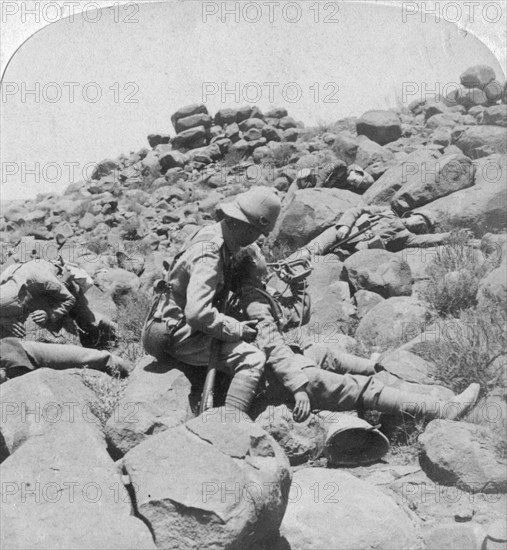 'The dying bugler's last call, a battlefield incident, Gras Pan, South Africa', 1900.  Artist: Underwood & Underwood