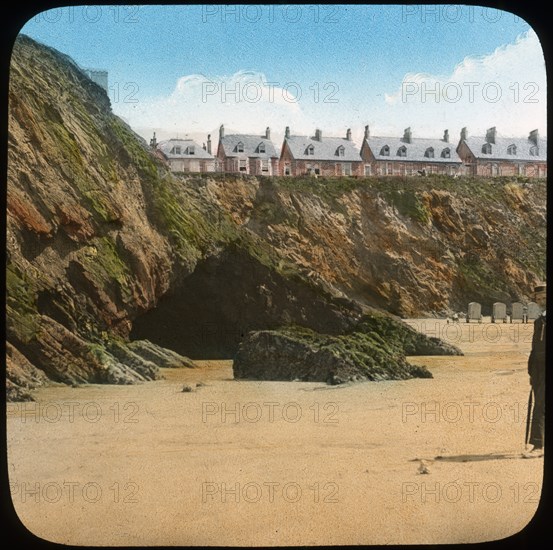 Beach and cliffs, Newquay, Cornwall, late 19th or early 20th century. Artist: Church Army Lantern Department