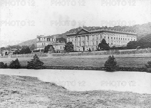 Chatsworth House from across the River Derwent, Derbyshire, late 19th or early 20th century. Artist: Unknown