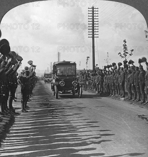 'A Royal visit to the troops, enthusiastic welcome by the Canadians', World War I, c1914-c1918.  Artist: Realistic Travels Publishers