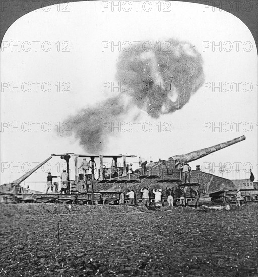 British 16 inch railway guns in action, World War I, c1914-c1918.  Artist: Realistic Travels Publishers