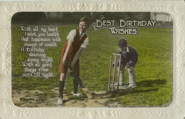 Birthday card featuring two boys playing cricket. Artist: Unknown
