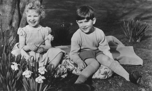 Prince Charles and Princess Anne as children at Balmoral, 28th September 1952.