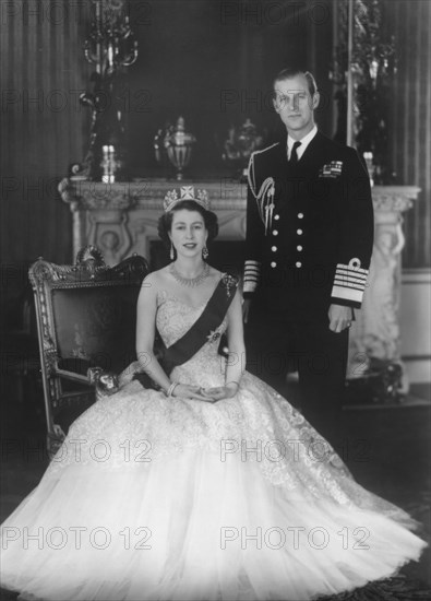 HM Queen Elizabeth II and HRH Duke of Edinburgh at Buckingham Palace, 12th March 1953.  Artist: Sterling Henry Nahum Baron