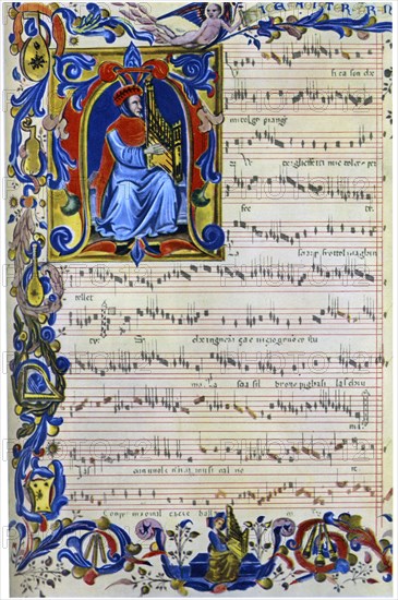 Francesco Landino playing a portative organ, 1325 - 1397. Artist: Unknown