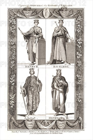 Portraits and Dresses of The Kings of England with coats of Arms, 1784. Artist: Unknown