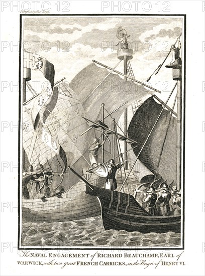 Naval Engagement against two great French Carricks by Richard Beauchamp Earl of Warwick in the reign Artist: Unknown.