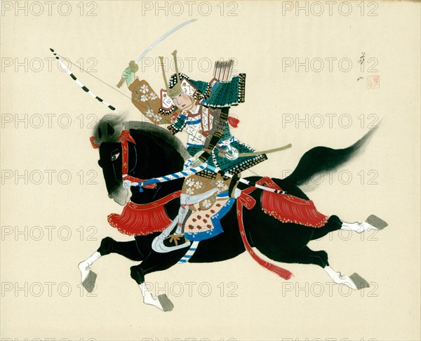 Samurai Warrior riding a horse. A Japanese painting on silk, in a traditional Japanese style. Artist: Unknown
