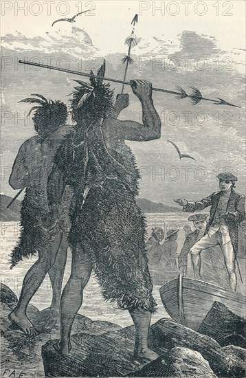 Two Natives Dispute Captain Cook's Landing, 1904. Artist: Unknown.