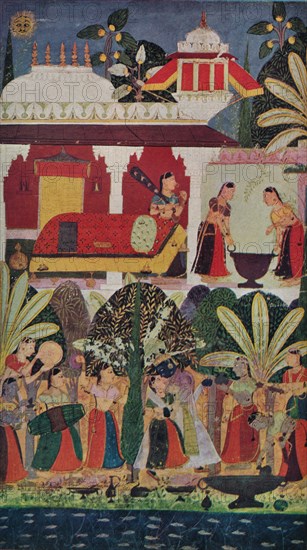 Krishna and the Gopes (gopis) at the Spring Festival, 17th century, (1929). Artist: Unknown