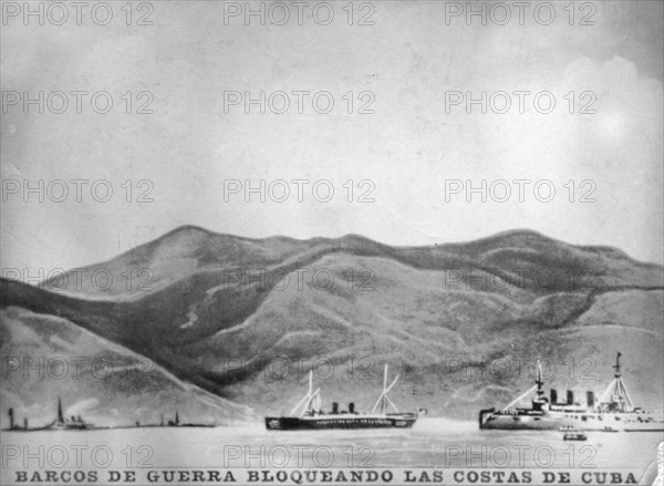 Warships blocking the coast of Cuba, (1898), 1920s. Artist: Unknown