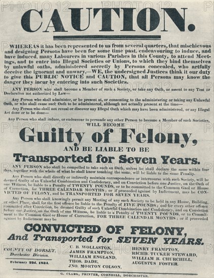 Posters warning those guilty of illegal oaths were liable to deportation', (1834), 1934.. Artist: Unknown