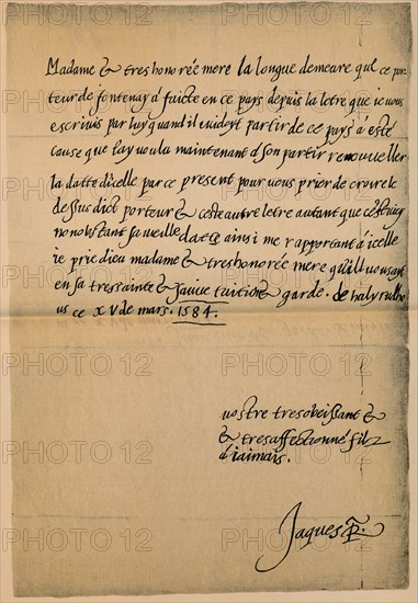 Letter from King James VI (1566-1625) to his Mother, Queen Mary (1542-1587), 1584-5'. Artist: King James I