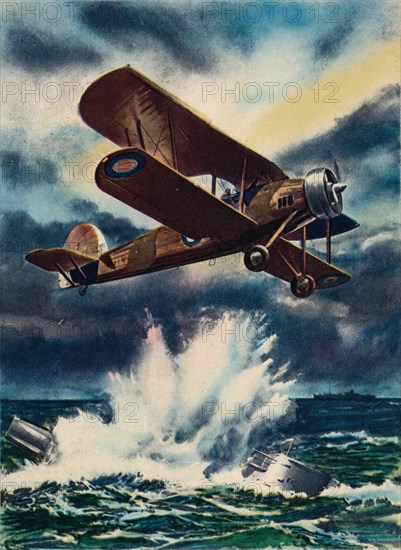 An artist's impression of a Fairey Swordfish sinking a U Boat in the North Sea, 1940. Artist: Unknown