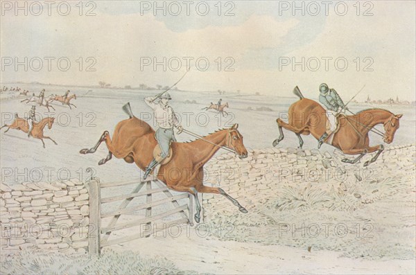 A Steeplechase: A slap at a stone enclosure. 5 to 4 on white, 1827. Artist: Henry Thomas Alken