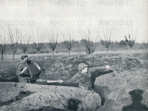 British soldiers practicing throwing hand grenades, c1914. Artist: Unknown