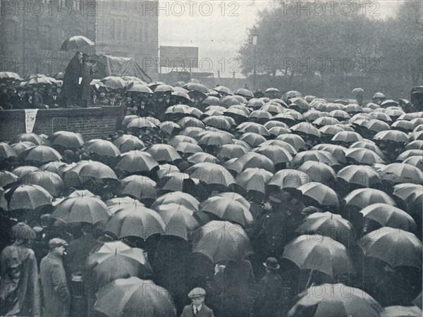 Meeting of London business men on Tower Hill, held after sinking of the Lusitania, c.1915. Artist: Unknown