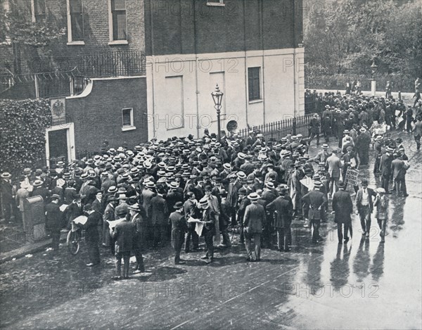 Before England declared war: German Reservists waiting outside German Consulate in London, 1914. Artist: Unknown