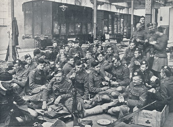 British troops having a meal in a French Railway Station, c1914. Artist: Unknown