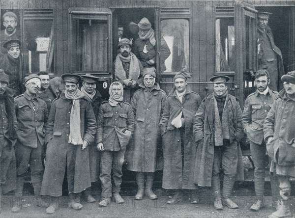 Wounded English troops on their way to a base hospital, c1914. Artist: Unknown