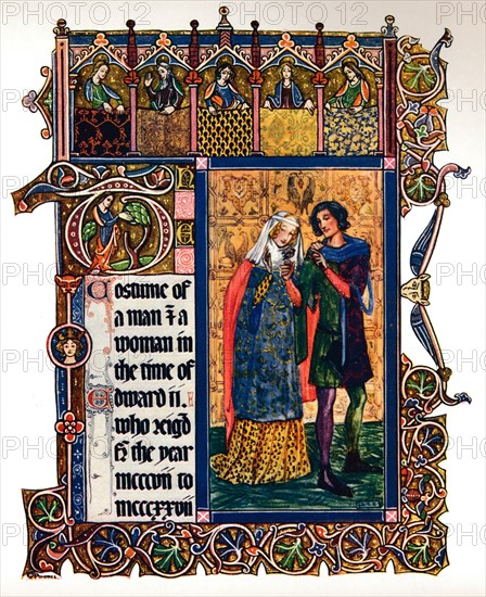 Costume of a Man & a Woman in the time of Edward II, (1909). Artist: Unknown