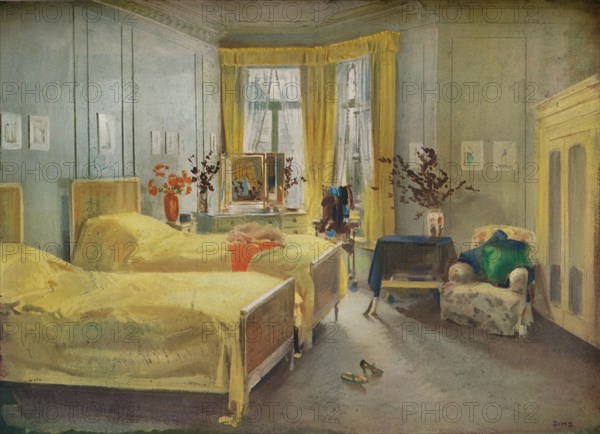 An Interior Scene: a bedroom designed by Mme. Gloria Silva at the Hotel Metropole, London, (1922). Artist: Charles Sims
