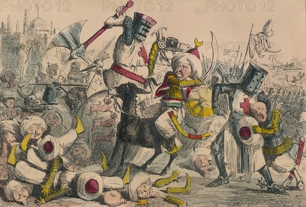 Terrific combat between Richard Coeur de Lion and Saladin, 1850. Creators: John Leech, Gilbert Abbott A Beckett.