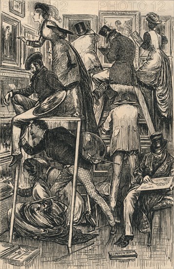 Varnishing Day at the Royal Academy, 1877. Creator: George du Maurier.