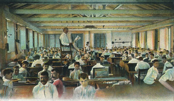 Lector reading to cigar rollers, Cigar Factory, Havana, Cuba, 1910s. Artist: Unknown