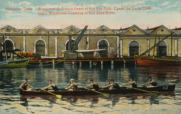 Sugar Warehouse Canoeing, San Juan River, Matanzas, Cuba, c1920s. Artist: Unknown