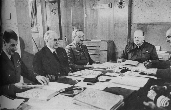 'Mr Churchill at a conference on board ship', 1943-1944. Artist: Unknown.