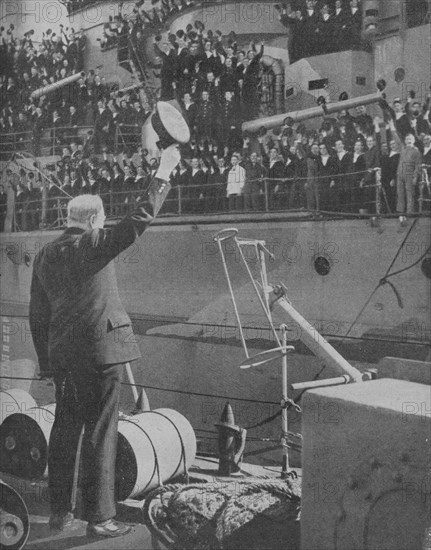 Churchill responds to the cheers from the crew of HMS Prince of Wales', 1941. Artist: Unknown.