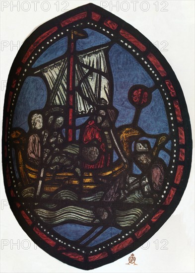 'St Nicholas window in the Jerusalem Chamber of Westminster Abbey: Nicholas and the false pilgrim',  Artist: Unknown.