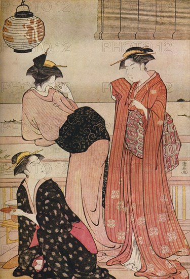 'Three girls on the veranda of a tea-house overlooking Edo Bay at Shinagawa', c1752-1815. Artist: Torii Kiyonaga.