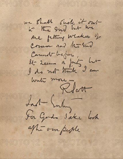 The final page of Captain Scott`s diary, 1912 (1935). Artist: Robert Falcon Scott.