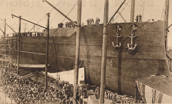 Launch of the battleship HMS `Queen Elizabeth`, 16 October 1913 (1935).  Artist: Unknown.