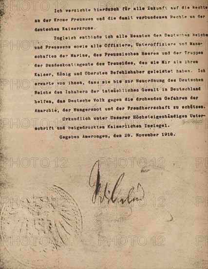 Document confirming the abdication of Kaiser Wilhel II of Germany, 9 November 1918 (1935).  Artist: Unknown.