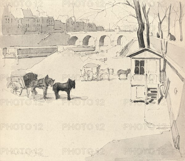 'The Pont Marie - Horses and Carts', 1915. Artist: Eugene Bejot.