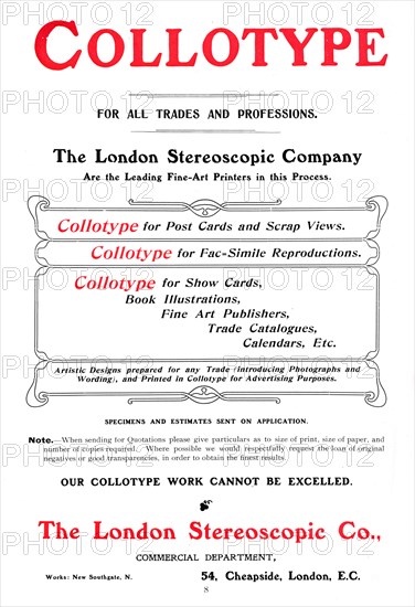 An advert for the Collotype process offered by The  London Stereoscopic Company, 1903. Artist: Unknown.