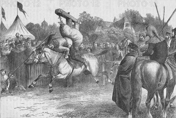 English merry-making in the 14th century: tilting at the quintain, 1905. Artist: Unknown.