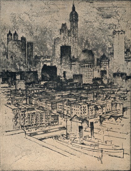 'New York From Brooklyn Bridge', c1908. Artist: Joseph Pennell.