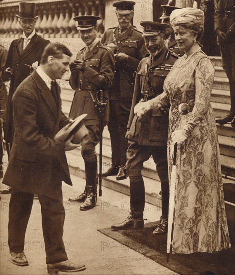 Bravery in 'civvies': laughs with the King and Queen, 1920s or 1930s (1935). Artist: Unknown.