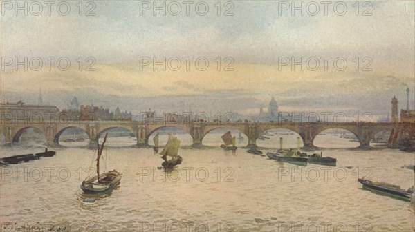 'Waterloo Bridge From Charing Cross Railway Bridge', 1888 (1926). Artist: John Crowther.