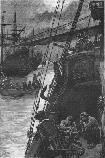The first English ship in the Pacific: Sir Francis Drake's 'Golden Hind' at Lima, 1579 (1908). Artist: Unknown.