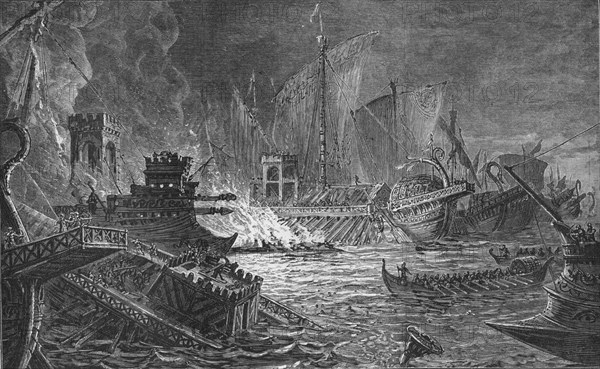 The Battle of Actium, at which Augustus defeated Antony and Cleopatra, 31 BC (1908). Artist: Unknown.