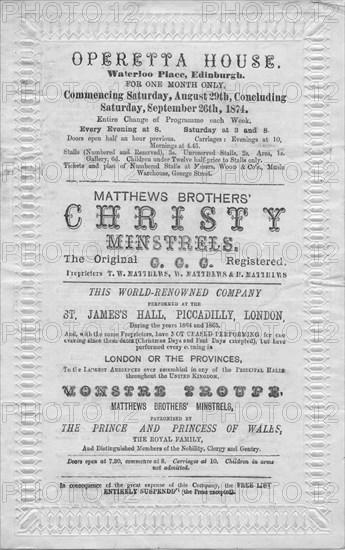 A programme of events to be stage at the Operetta House, Waterloo Place, Edinburgh', 1874. Artist: Unknown.